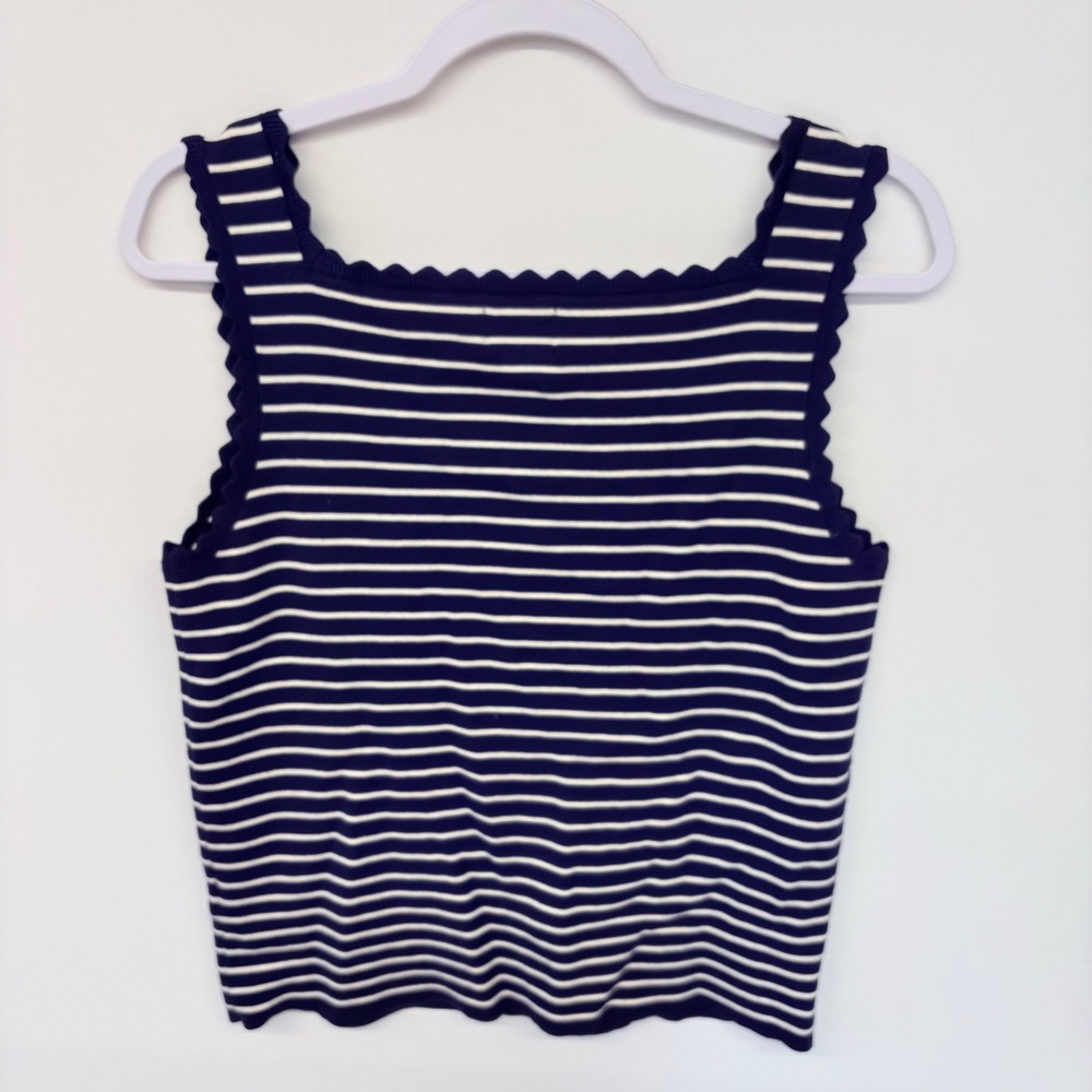 Nautical Preppy Tank Top Scalloped Striped Lands' End Women L Blue White